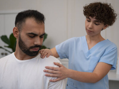 A chiropractor examining a patient's shoulder and neck area for thoracic outlet syndrome treatment.
